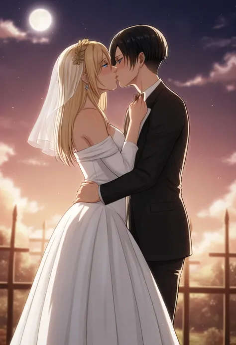 score_9, score_8_up, score_7_up, BREAK source_anime, historia reiss, blue eyes, blonde hair, long hair, medium breasts,Historia  beautiful wedding dress white,female black hair soldier with historia,Mikasa with historia are married ,mikasa wreanig black tu...