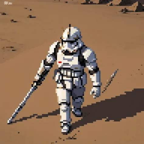  Katana吗，Miniature photograph of a Stormtrooper with Star Wars weapon walking through the desert leaving footprints in the sand cinematic dramatic lighting, blurred desert background.