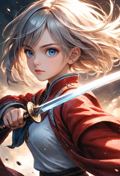 masterpiece, best quality, 8k, highres, ultra-detailed, (realistic:1.37), (photorealistic:1.37), HDR, UHD, studio lighting, ultra-fine painting, dynamic pose, 1girl, silver hair, blue eyes, intense gaze, holding katana, sword slash effect, action shot, glo...