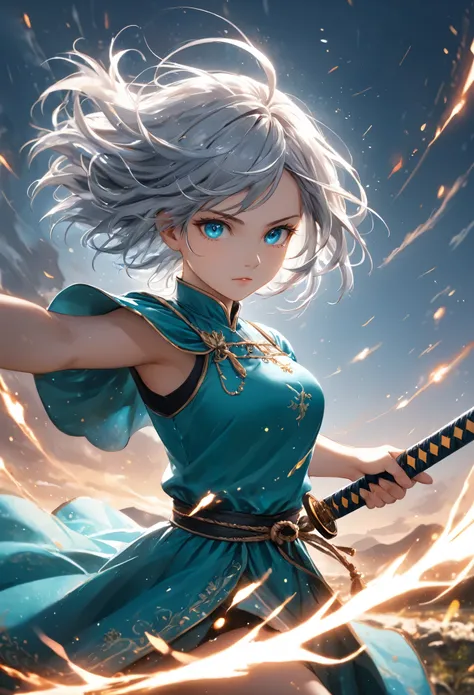 masterpiece, best quality, ultra-detailed, a young girl with short silver hair and vibrant blue eyes, wearing a teal dress with white accents, she is in the middle of an action pose, swinging her katana with both hands, her face shows determination and foc...