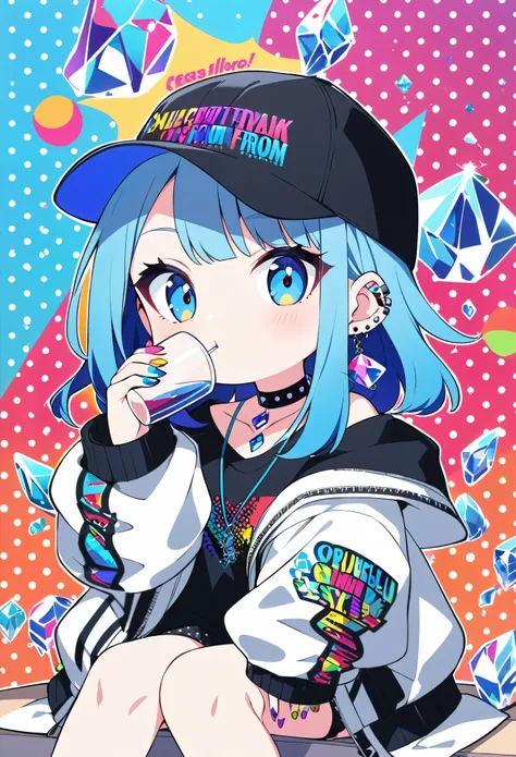 anime girl, pop art,chibi, colorful polka dot background,
bold graphic text, crystal,vivid blue hair,baseball cap, casual streetwear, oversized jacket, drinking from glass, sitting pose, crystal choker,minimalistic background, gothic vibe, multiple earrings, relaxed expression, multi vivid color nails, subtle lighting, modern urban style, edgy fashion, 