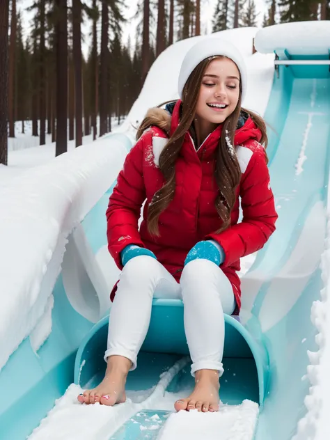 Barefoot girl, dressed in white skinny pants and в белом зимнем пальто. 
,  sleds barefoot down a snow slide.  high definition, Accuracy,  pretty face Long hair , cries. white skin color, makeup, frostbitten red feet . 