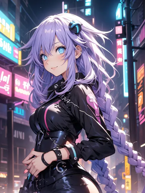 Masterpiece picture quality，Rainbow，Urban girl，ssmile，number art，style of anime，Retro anime girl，Punk girl，in an anime style，dual horsetail，Trendy，neonlight，depth of fields, perfil delantero