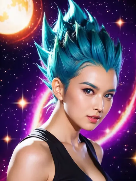 beautiful girl, Dragon Ball Style , Super Saiyan, perfect face, beautiful face, High Details , galaxy background , energy , Blitz, energy aura around girl, Vegeta, sexy,spiked hair