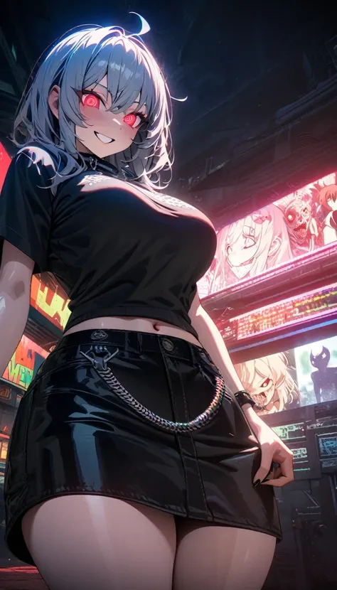 ((masterpiece, best quality)), very aesthetic, ultra detailed, intricate details, highly detailed, UHD, HDR, 8K, perfect face, beautiful woman, street punk clothes, yameroyandere, scary, slight smile, creepy wednesday theme, upper body, upper view, creepy ...