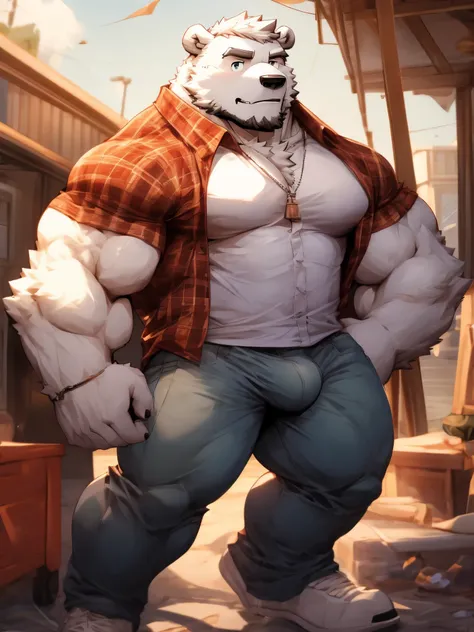 Fuzzy, polar bear,  muscular,  is wearing a flannel shirt, tight jeans have ,  bulge in the crotch