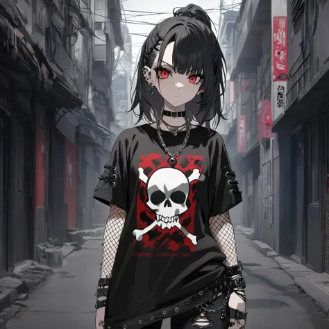 dark gothic punk style, edgy anime girl, messy black hair, red eyes, black choker with pendant, skull graphic t-shirt, chain nec...