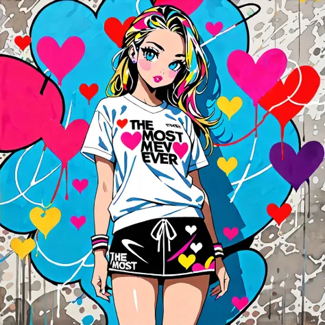  hyperrealism, Simple Line Acronym，Abstract art，Banksy style  , ((( The most beautiful girl ever))),  Colorful hearts, sports Fashion,(((Cute Protozoan))),  stylish design , 