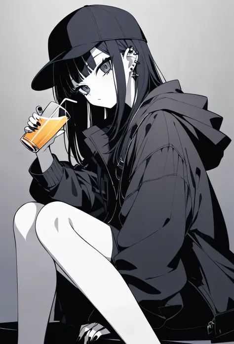 anime crystal girl, dark gothic, monochrome color scheme, long dark hair, black baseball cap, casual streetwear, oversized jacket, drinking from glass, sitting pose, minimalistic background, gothic vibe, multiple earrings, relaxed expression, black nails, ...