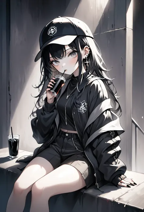 anime girl, monochrome color scheme, long dark hair, black baseball cap, casual streetwear, oversized jacket, drinking from glass, sitting pose, minimalistic background, gothic vibe, multiple earrings, relaxed expression, black nails, subtle lighting, mode...