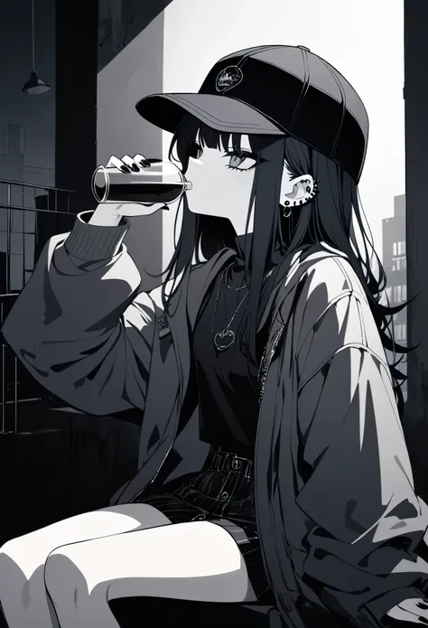 anime girl, dark gothic,monochrome color scheme, long dark hair, black baseball cap, casual streetwear, oversized jacket, drinki...