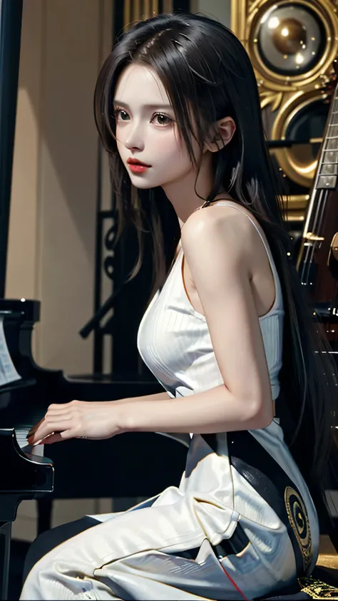 (masterpiece:1.2, best quality), 1lady, solo, Musician, Musical attire, Recording studio,Playing Piano, Composing music, Performing live, Collaborating with other musicians,