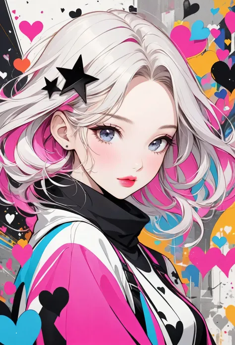 Black Star Pink and White style, Simple Line Initialism，Abstract art，Urban Background, (((The most beautiful girl of all time))), Sweet face. Lips in love, colorful hearts, stylish design