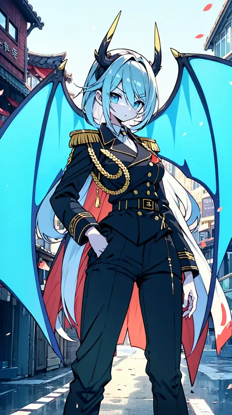 Dragon Girl,Blue hair girl, Blue Hair Long Hair , Blue Hair Long Hair ,horn,horn,Dragon Horn,Dragon Horn,Dragon Horn,Dragon Horn,Dragon Horn, Wings ,龙 Wings ,蓝色 Wings ,蓝色horn,Military dress, fitted military uniform ,Slim Fit军服,military uniform风格, dress sty...