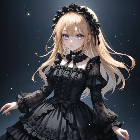 dark gothic,gothic lolita, young girl, full body,long blonde hair, dark frilly dress, intricate lace details, victorian-inspired...