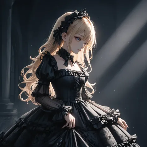 dark gothic,gothic lolita, young girl, full body,long blonde hair, dark frilly dress, intricate lace details, victorian-inspired...