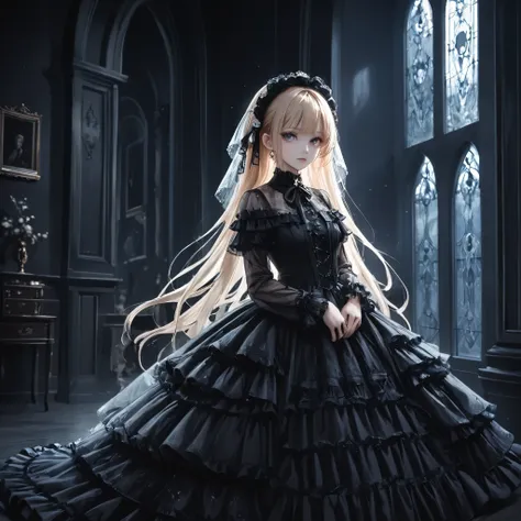 dark gothic,gothic lolita, young girl, full body,long blonde hair, dark frilly dress, intricate lace details, victorian-inspired...