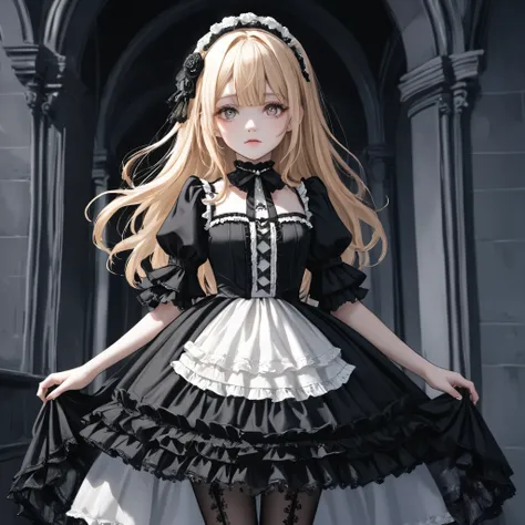 dark gothic,gothic lolita, young girl, full body,long blonde hair, dark frilly dress, intricate lace details, victorian-inspired...