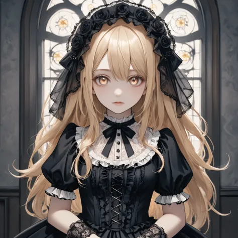 dark gothic,gothic lolita, young girl, full body,long blonde hair, dark frilly dress, intricate lace details, victorian-inspired...