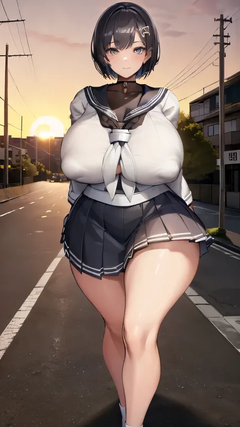 ​(sunset, crossing, neighborhood, schoolway, sidewalk:1.4), high resolution, extremely detailed CG, unity 8k wallpaper, super detailed skin, perfect anatomy, detailed, cinematic lighting, dynamic lighting, beautiful detailed eyes, black short hair, (18yo g...