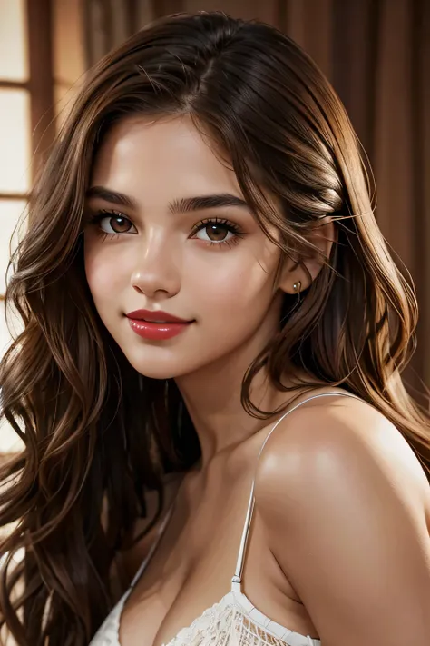   Beautiful portrait of a 22-year-old Latin girl with brown hair ,  beautiful light brown eyes , large and striking ,  delicate black eyebrows ,  rosy cheeks ,  red lips,   charming smile , piel Blanca,   long wavy brown hair that cascades around her face ...