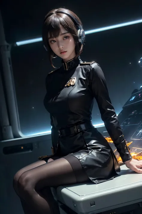 (Absurdly, high quality ,  very detailed on playground equipment,32K、High image quality、Ultra HD、 Golden Ratio Face )、(((未来の椅子に座る、 future spaceship operator woman sitting in future chair、Brown Bowl Cut )))、(((Headset with microphone、 glossy black tight mil...