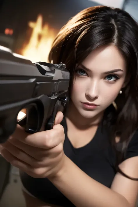 a hot young girl holding gun. pistol, detailed, best quality, 4k