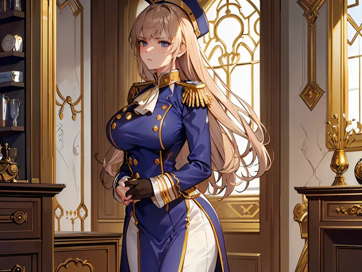 (((Best quality, 8k, Masterpiece: 1.3)), ((best quality)), ((masterpiece)), (detailed), perfect face, perfect body, (detailed skin:1.3), (intricate details), A woman in her twenties wears a military uniform inspired by Napoleon-era design. She has a comman...