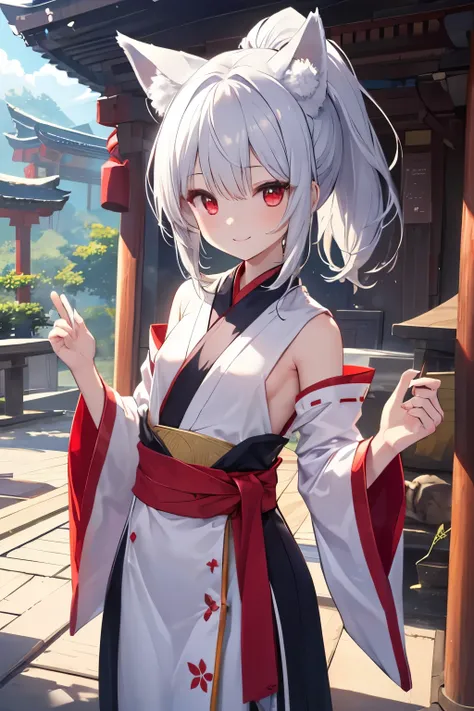   silver hair、 red eyes、  fox ears、  girl、Small breasts、  ponytail、  girl、Small breasts、Bright smile、Good physique 、Flat-chested  girl、  hes short、 very cute shrine maiden costume、Working at a shrine 、