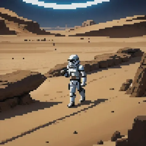 Miniature photograph of a Stormtrooper with Star Wars weapon walking through the desert leaving footprints in the sand cinematic dramatic lighting, blurred desert background.