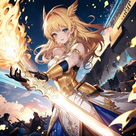 masterpiece, best quality, ultra detailed, intricate details, 
(1 girl:1.2), beautiful mature female warrior,
(heterochromia:1.2), (red right eye, blue left eye:1.2),
(golden blonde hair with red highlights:1.2), flowing long hair,
(delicate face:1.2), (ge...