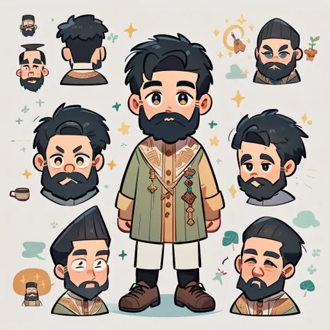 man with beard,  eyes and face cute and charismatic , cartoon of a cute character , cartoon style,  full body,  straight black hair with the longer style cut , angelical,  character with details , Adulthood , Super charismatic