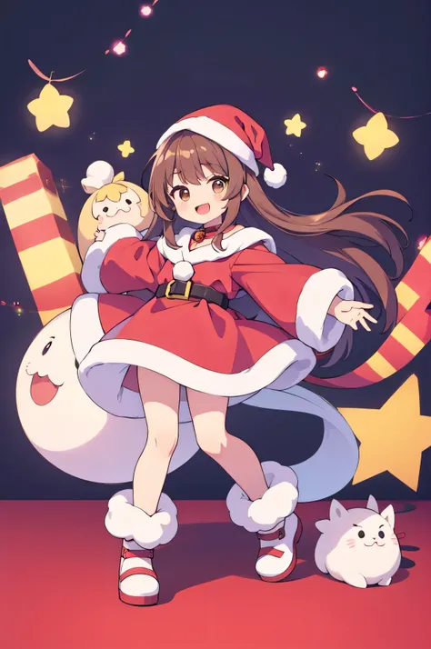 highest quality , chibi,brown long hair,Santa Claus costume , full body shot from the front,Character portrait, brown eyes,Background white,big mouth,smile