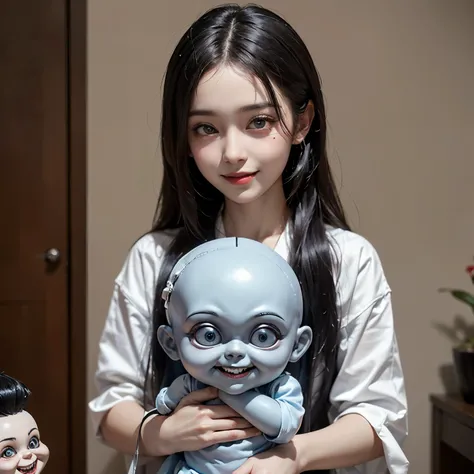 ((masterpiece)), ((best quality)), ((ultra-detailed)),((hyperrealistic)),(japanese cute girl),(shiny skin),1 ladyl,(black hair),long hair,forehead,(plain forehead),(black eyes,tareme,droopy eyes),(slenderbody),,(holding a chucky doll),upperbody shot,smile,...