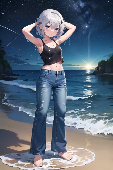 masterpiece,best quality,ultra detail,1girl, 14yo,petite,Laugh happily,background((under the beach, sunrise time, under sand beach, beautiful starry sky)), beautiful silver short straight hair, hair ornament, x hair ornament,Raise your arms and bring them ...