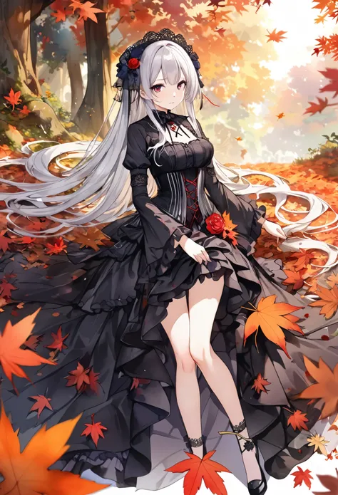 (((nsfw))), ((( my butt sticks out above the fallen leaves  )))  ,(((watercolor)))、((( Doggy Style ))),  (((gothic ))), she was adorned with hair accessories、, Straight Silver Hair..Super mini skirt with frills, sheの表情は自然だ,    calm expression   . she is we...