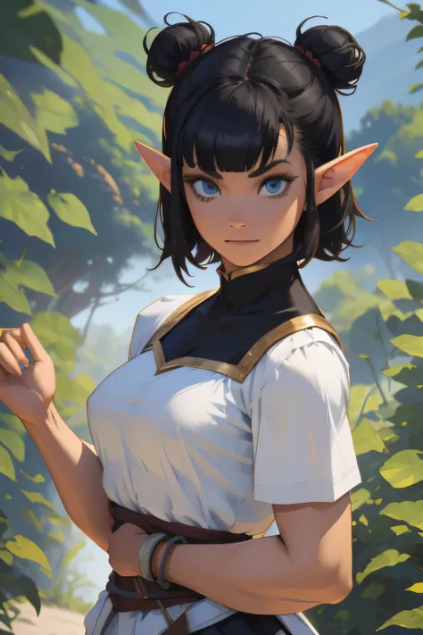 laufen, short hair, double bun, blunt bangs posing, elf ears, nice face