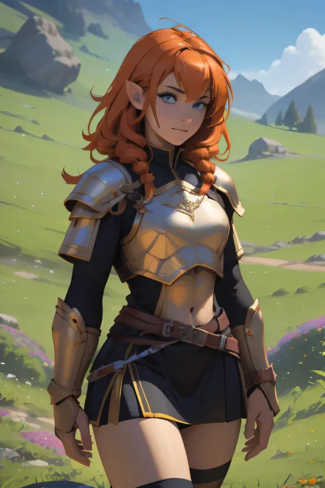 1 woman, small breasts, sole female, armour, shoulder plate, breastplate, shield, long hairs, orange hairs, scenery, green fields, tree, flowers, looking at viewer, miniskirt 