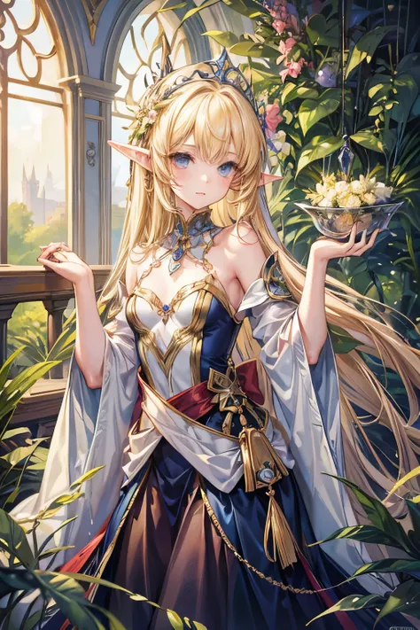 masterpiece,Best Quality, very detailed,beautiful girl, teenager,Elf Princess,Hanging Garden, small breasts, Thin Waist,Blonde, perfect eyes, so cute