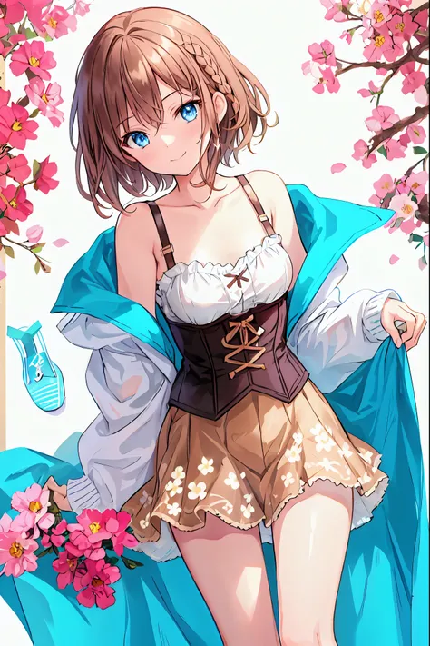  girl,( light brown hair),( short hair ),( braided :1.2),(( Corset )),( pantyhose that make you feel luxurious),Big smile,cute, face,(Floral Background:1.3),Brown Hair， shortcuts， Unkempt Hair ，Short braided hair，Neat，Slender beauty，Correct posture，Small c...