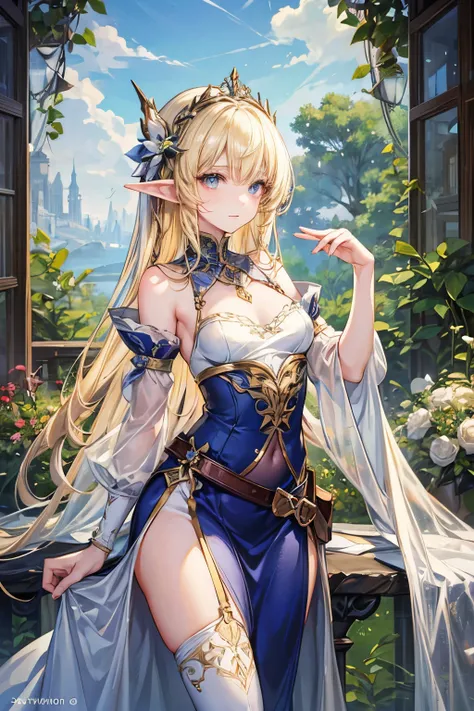 masterpiece,Best Quality, very detailed,beautiful girl, teenager,Elf Princess,Hanging Garden, small breasts, Thin Waist,Blonde, perfect eyes, so cute