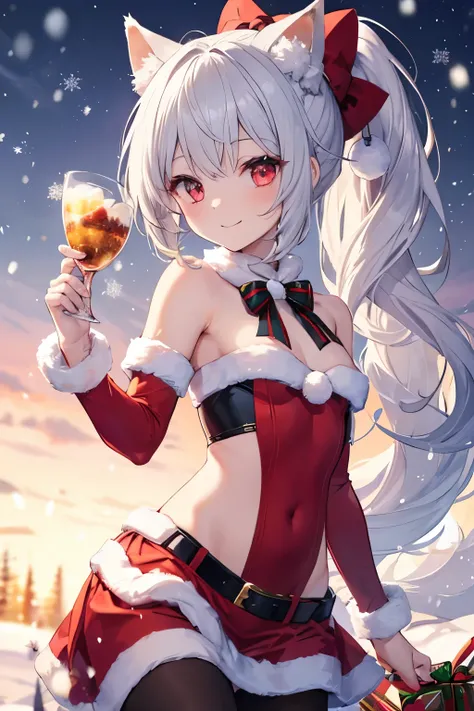   silver hair、 red eyes、  fox ears、  girl、Small breasts、  ponytail、  girl、Small breasts、Bright smile、Good physique 、Flat-chested  girl、  hes short、Santa cosplay、 Christmas tree、 Its Snowing 