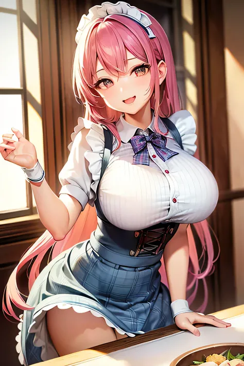 (Best Quality)), ((masterpiece)), (   Details),   mature woman opening a millimeter、   sexy、  Pink Hair、Long Hair、(((Big Breasts 、、 waitress 、 high waist skirt、blue plaid apron)))、smile、Inside the restaurant、(( pose that emphasizes the chest ))