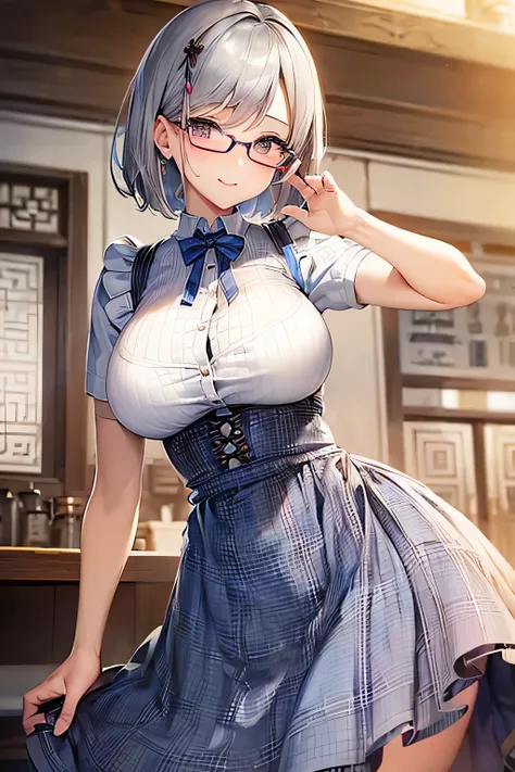 ((Best Quality)), ((masterpiece)), (   Details),   1 girl,   sexy、  silver hair、  bob cut 、  short hair 、Glasses、(((  big breasts at the temple、 waitress 、 high waist skirt、blue plaid apron)))、smile、 Inside the restaurant 、(( pose that emphasizes the chest...