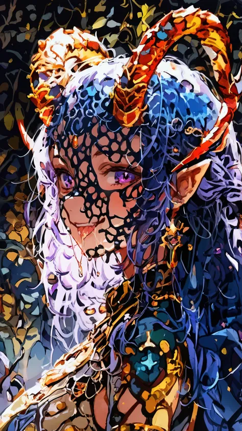 1girl, Looking at viewer, High Resolution, Long Hair, Horns, Pointy Ears, dark purple eyes, with a shiny reflection, looking seductively at the camera, half demon half cosmic entity wearing cosmic clothes, smiling, salivating,