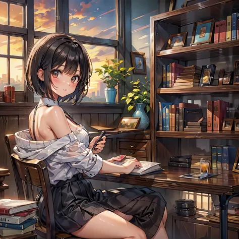 (masterpiece:1.3),(best quality:1.3),(high resolution:1.2),8k, with dark hair bob cut 、Beautiful girl in underwear。 black hair with bob cut in shortcuts、Beautiful girl with brown eyes 、In front of the bookshelf、Lots of books and vases 、Desk and chair、Sunse...