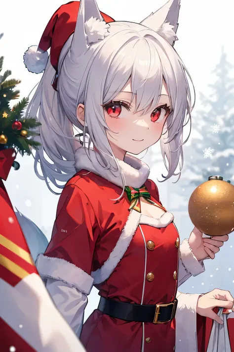   silver hair、 red eyes、  fox ears、  girl、Small breasts、  ponytail、  girl、Small breasts、Bright smile、Good physique 、Flat-chested  girl、  hes short、Warm Santa cosplay、The Christmas tree is decorating、 Its Snowing 、