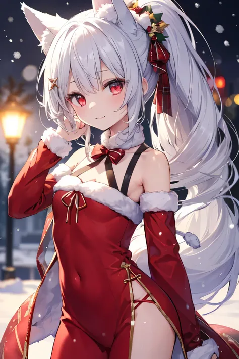   silver hair、 red eyes、  fox ears、  girl、Small breasts、  ponytail、  girl、Small breasts、Bright smile、Good physique 、Flat-chested  girl、  hes short、Christmas Costumes、The Christmas tree is decorating、 Its Snowing 、