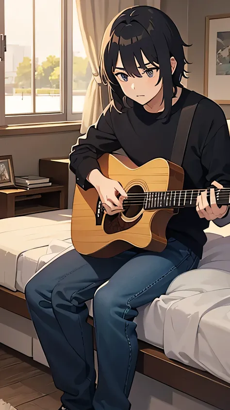 Dad and son  rocking with guitar together, high quality anime art, bedroom