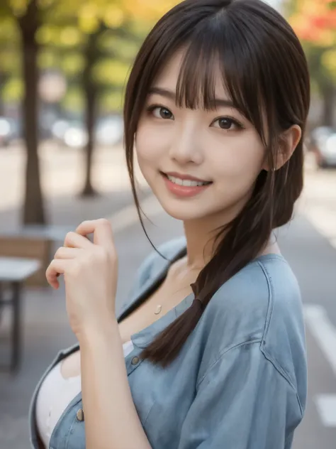 8k、Best Quality、Ultra Wide Angle Monofocal Lens 、(Representative Works:1.2)、(genuine)、(genuine:1.37)、Ultra-fine、One Young Woman 、 ponytail hair 、 beautiful alignment of teeth、smile、Well-formed fingers、Shinjuku、( Casual Clothes )、Big Breasts、PERFECT BODY、Pe...